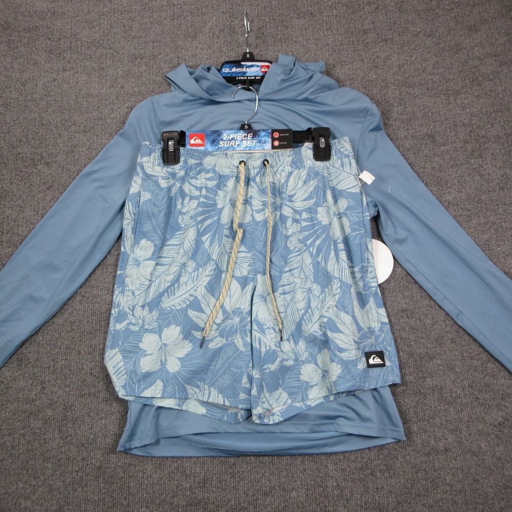 Quiksilver Surf Set Mens S Blue Rash Guard Hooded Shirt Floral Board Shorts 7in